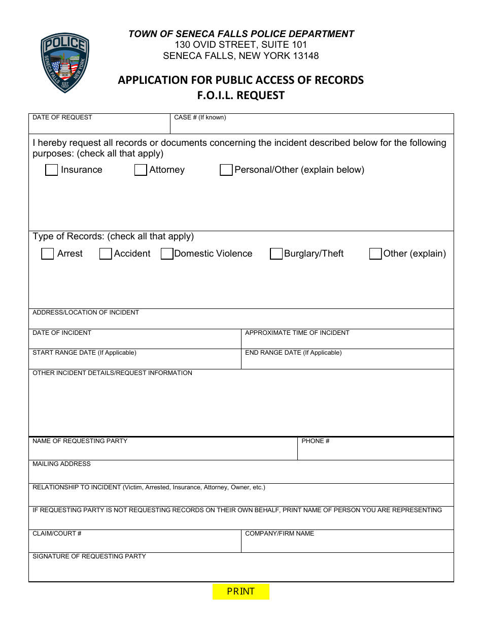 Town of Seneca Falls, New York Application for Public Access of Records