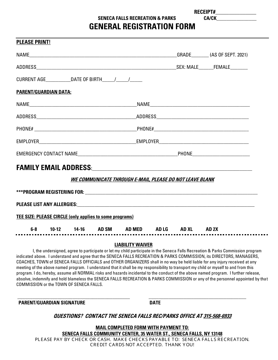 General Registration Form - Town of Seneca Falls, New York, Page 1