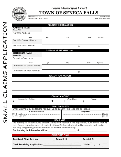 Small Claims Application - Town of Seneca Falls, New York Download Pdf