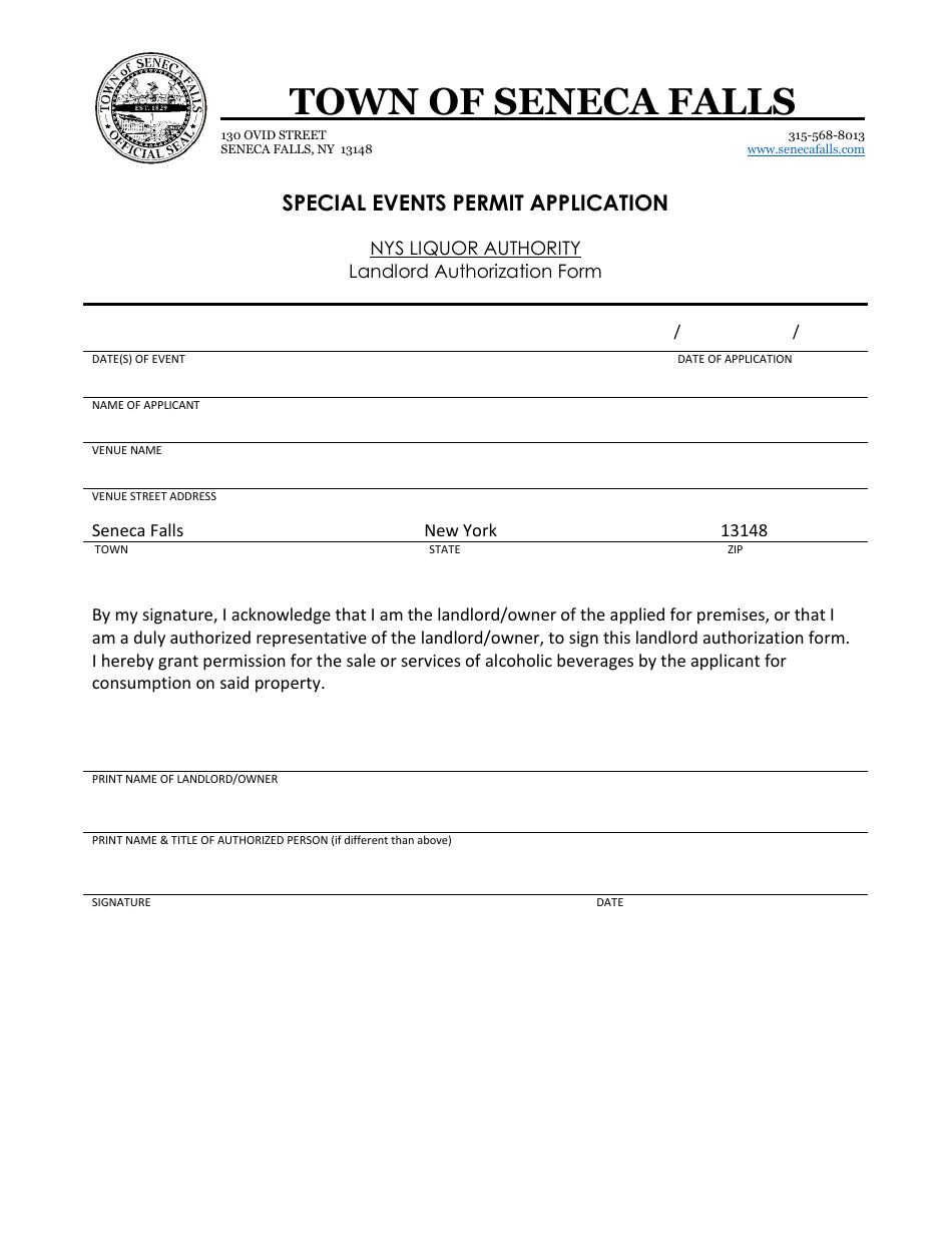 Special Events Permit Application - Landlord Authorization Form - Town of Seneca Falls, New York, Page 1
