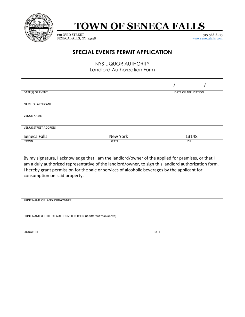 Town of Seneca Falls, New York Special Events Permit Application Landlord Authorization Form