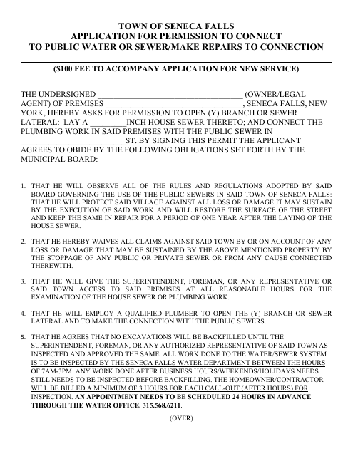 Application for Permission to Connect to Public Water or Sewer/Make Repairs to Connection - Town of Seneca Falls, New York Download Pdf