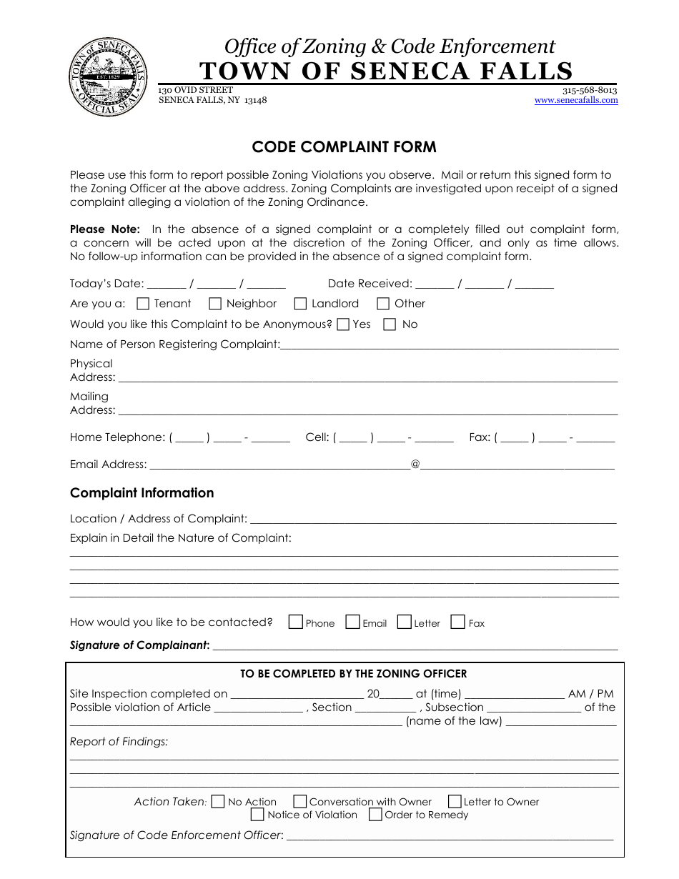 Code Complaint Form - Town of Seneca Falls, New York, Page 1