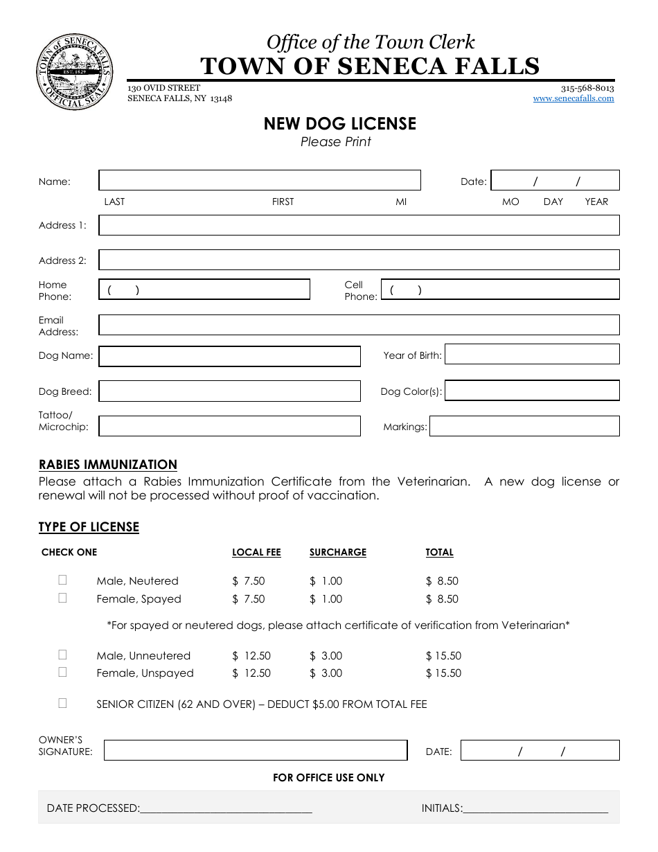 New Dog License - Town of Seneca Falls, New York, Page 1