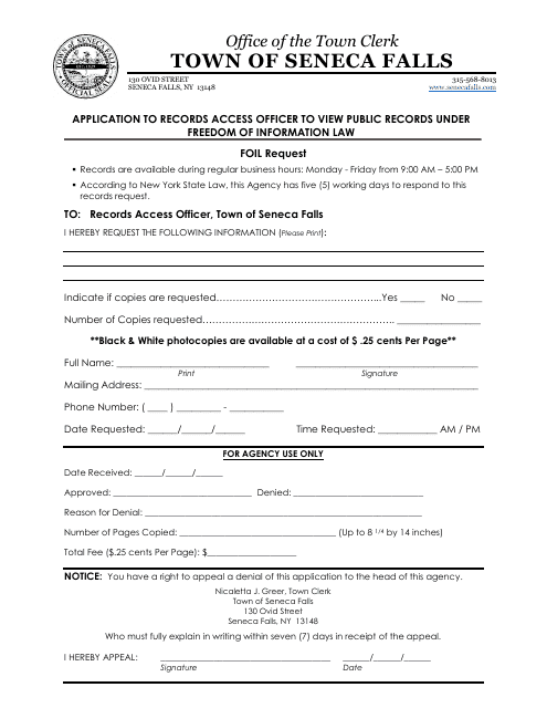 Application to Records Access Officer to View Public Records Under Freedom of Information Law - Town of Seneca Falls, New York Download Pdf