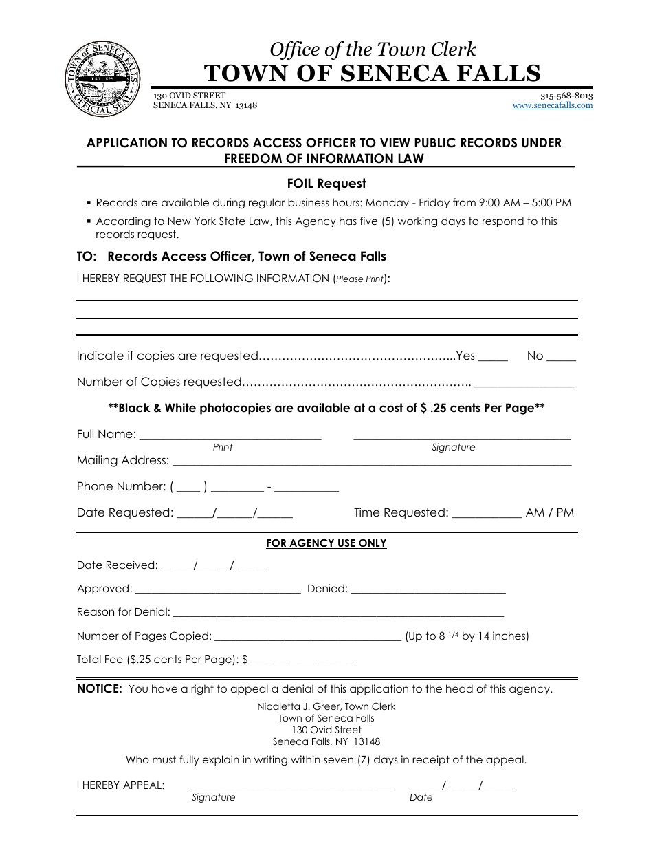 Town of Seneca Falls, New York Application to Records Access Officer to