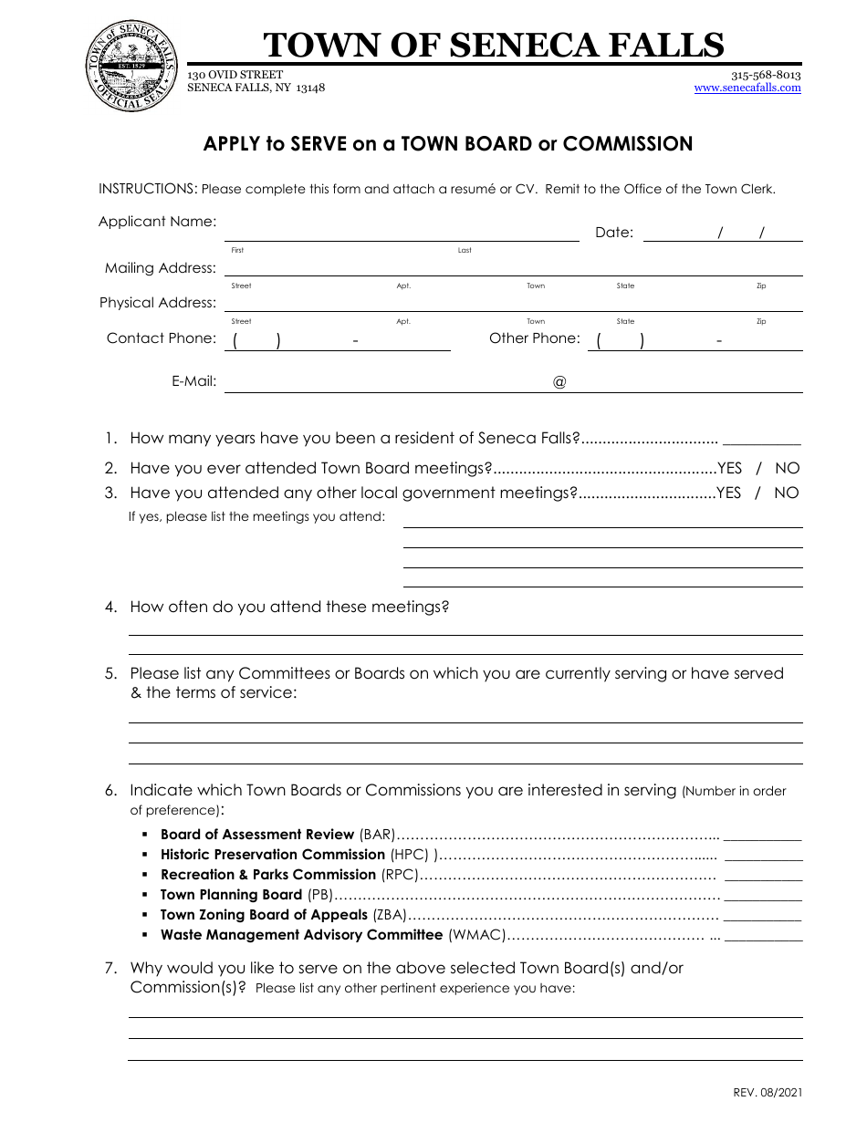 Apply to Serve on a Town Board or Commission - Town of Seneca Falls, New York, Page 1