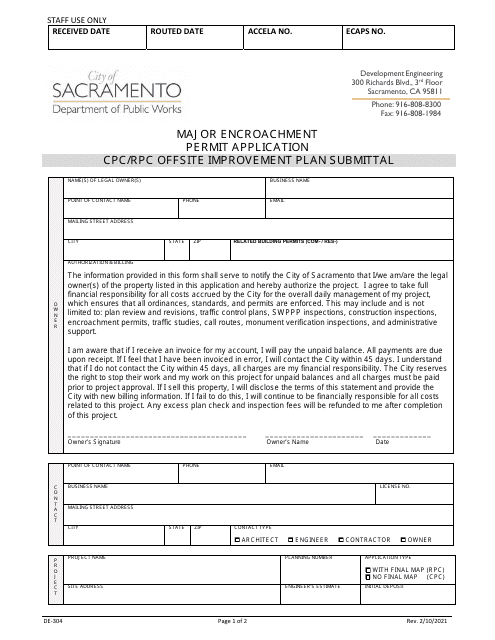 Form DE-304 Major Encroachment Permit Application - CPC/Rpc Offsite Improvement Plan Submittal - City of Sacramento, California