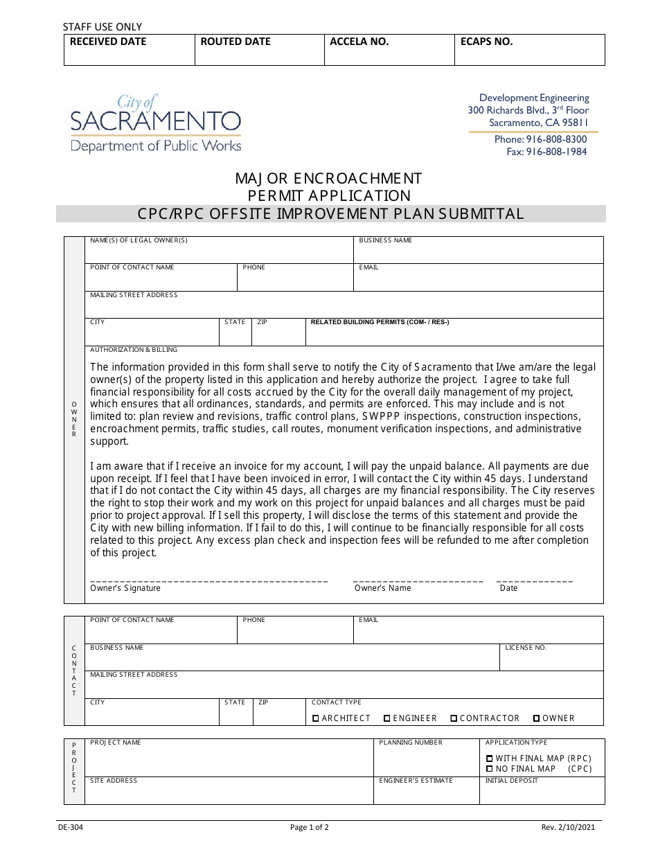 Form DE-304 Major Encroachment Permit Application - CPC / Rpc Offsite Improvement Plan Submittal - City of Sacramento, California, Page 1