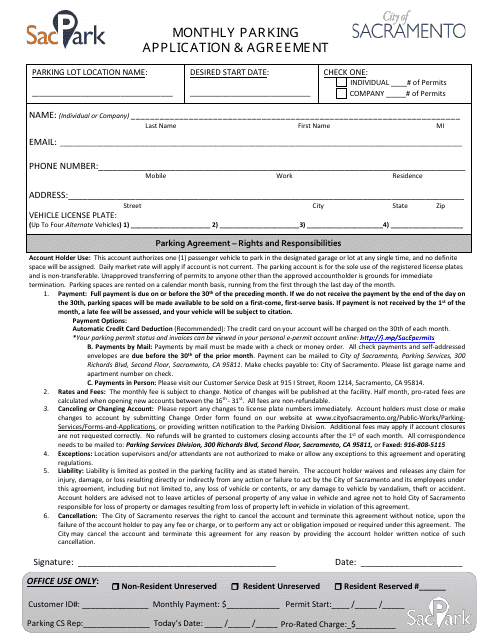 Monthly Parking Application & Agreement - City of Sacramento, California Download Pdf