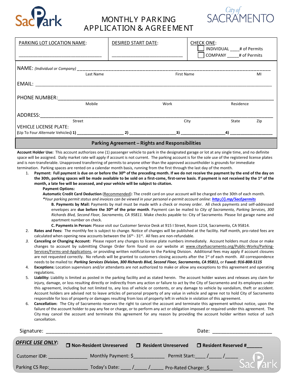 Monthly Parking Application  Agreement - City of Sacramento, California, Page 1