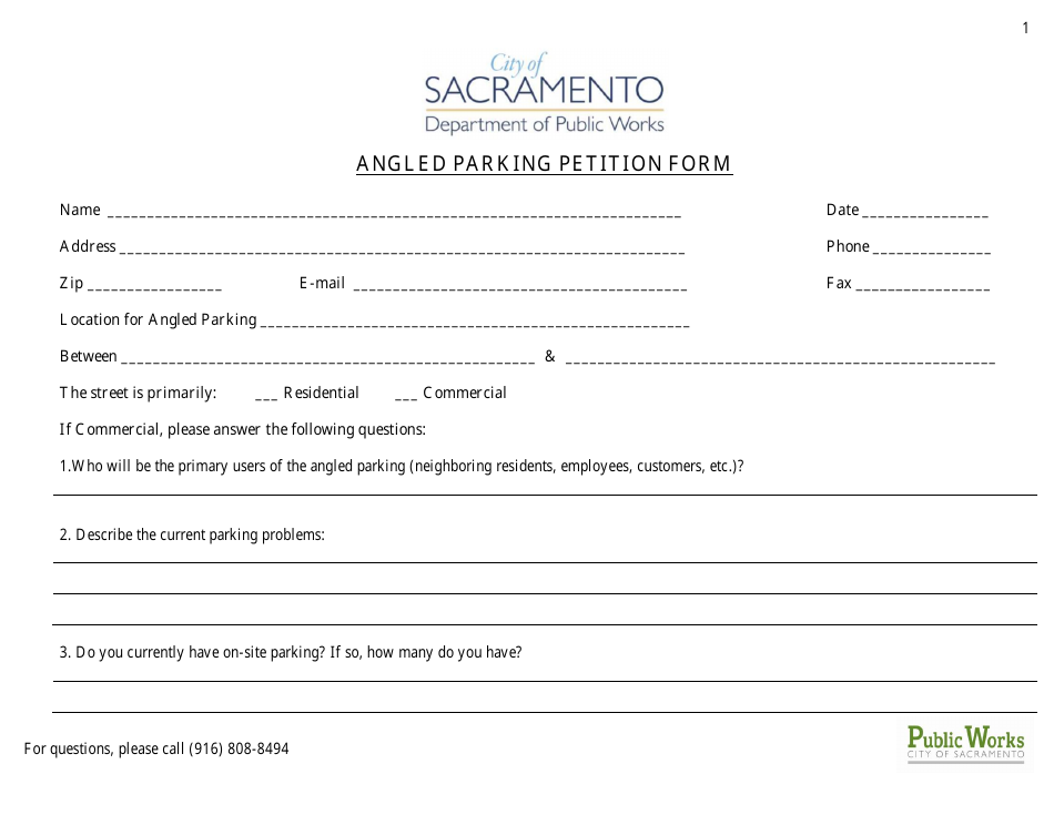 Angled Parking Petition Form - City of Sacramento, California, Page 1