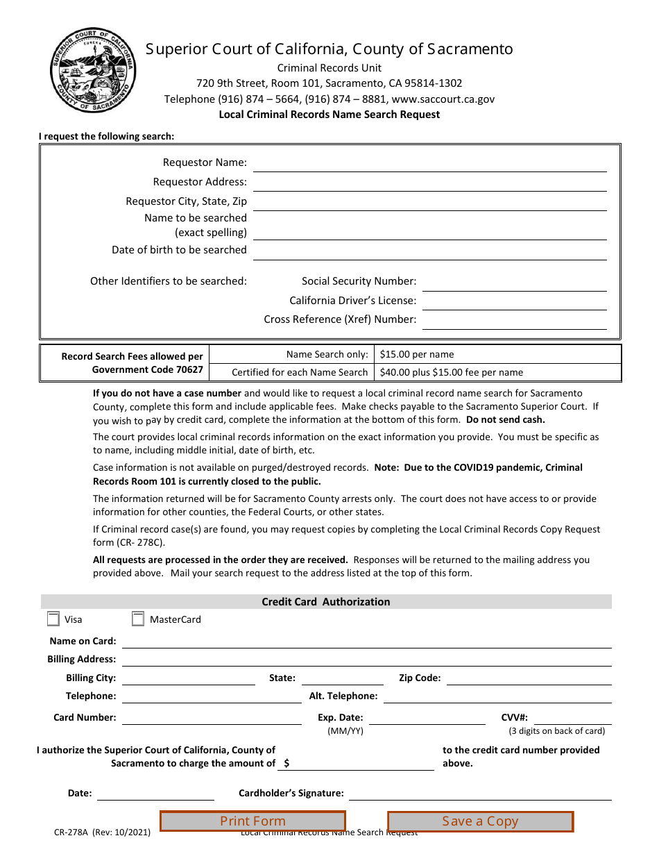 Form CR-278A Superior Court of California, County of Sacramento - County of Sacramento, California, Page 1