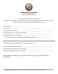Document preview: Form FL-E/LP-668 Document Drop-Off Sheet for Domestic Violence and Elder Abuse Restraining Orders, and Ex Parte Applications (Family Law and Probate Cases) - County of Sacramento, California