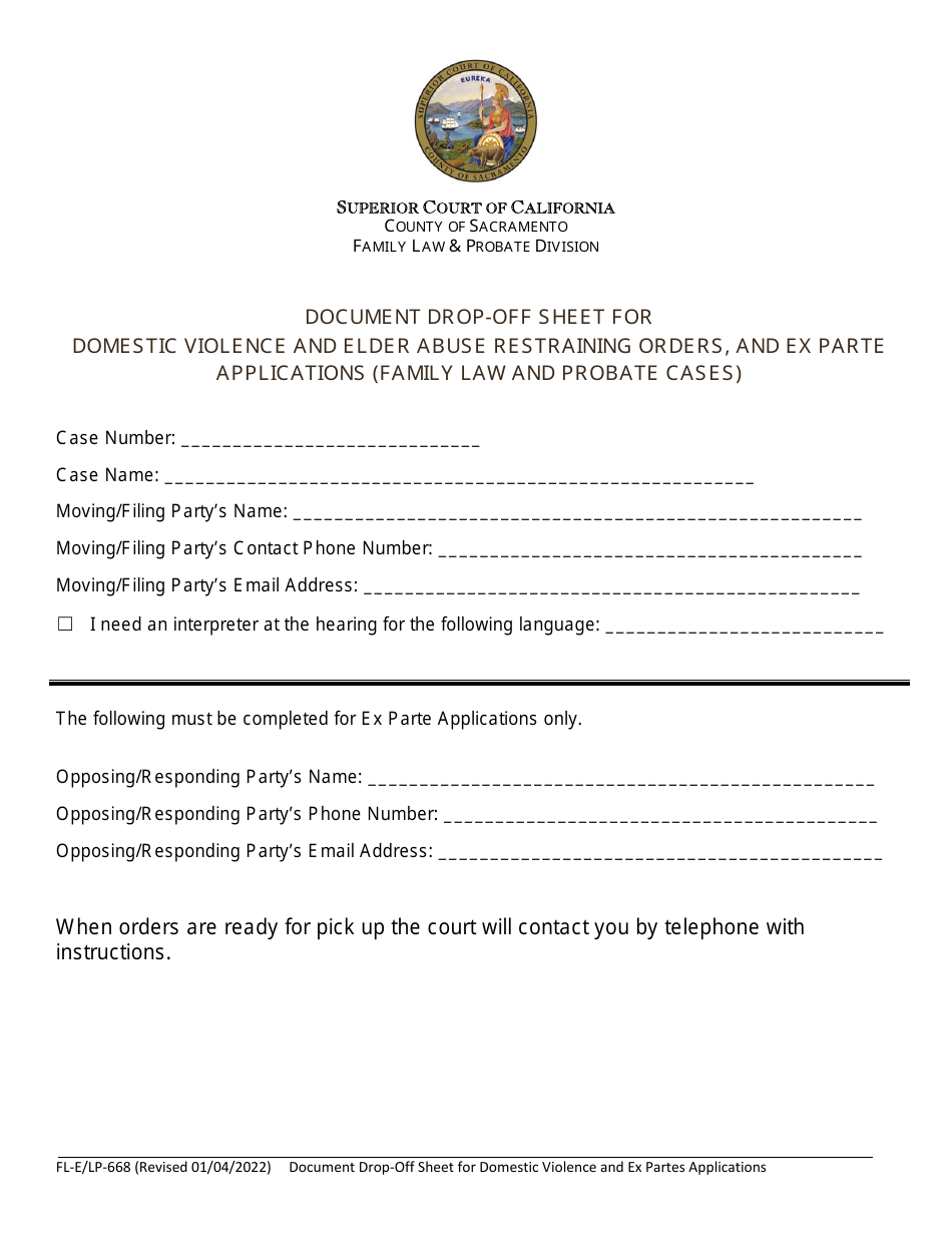 Form FL-E/LP-668 Document Drop-Off Sheet for Domestic Violence and Elder Abuse Restraining Orders, and Ex Parte Applications (Family Law and Probate Cases) - County of Sacramento, California, Page 1
