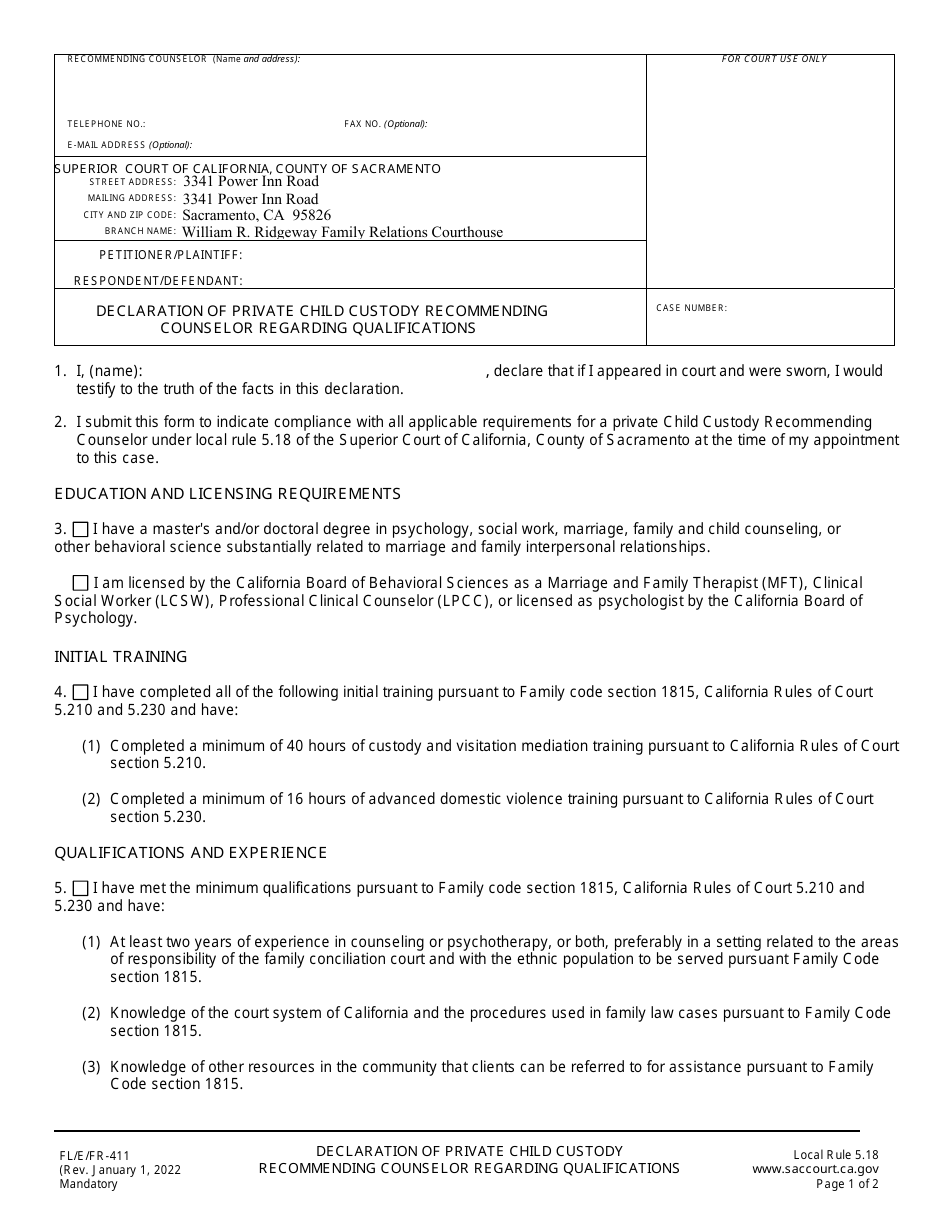 Form FL / E / FR-411 Declaration of Private Child Custody Recommending Counselor Regarding Qualifications - County of Sacramento, California, Page 1