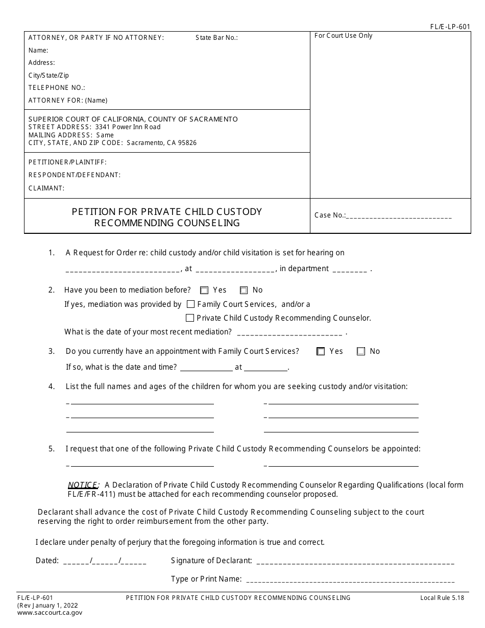 Form FL-E/LP-601 Petition for Private Child Custody Recommending Counseling - County of Sacramento, California, Page 1