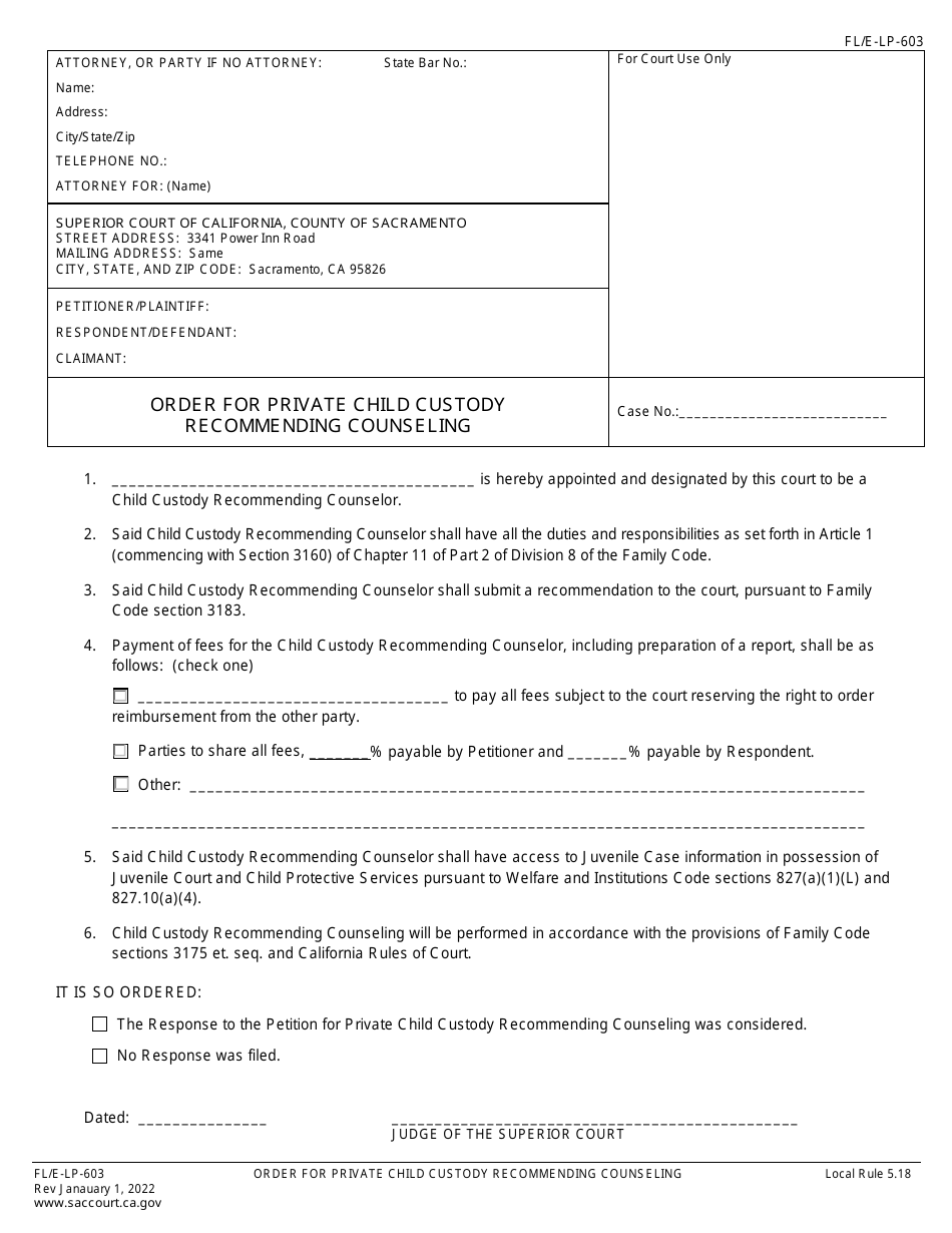 Form FL/E-LP-603 Order for Private Child Custody Recommending Counseling - County of Sacramento, California, Page 1