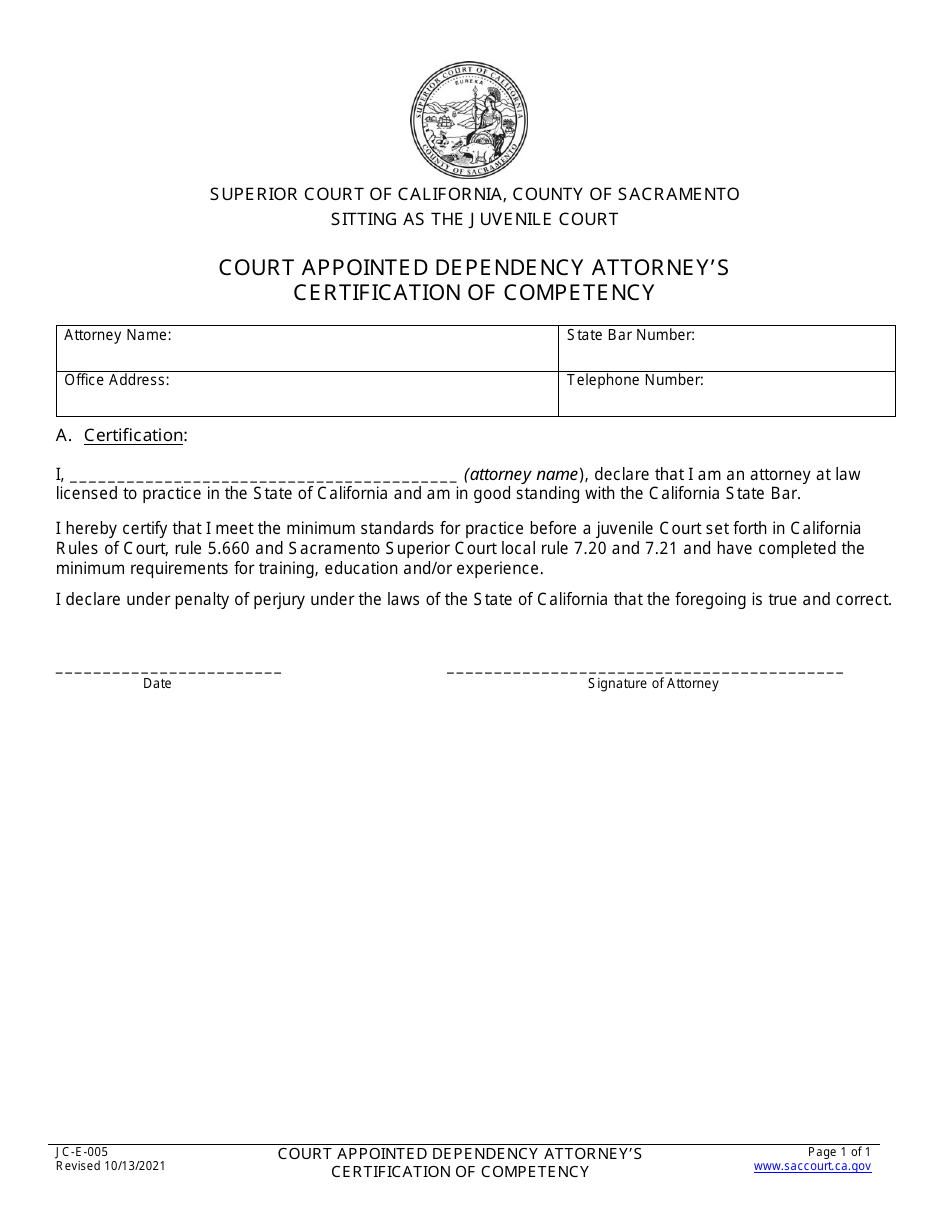 Form JC-E-005 Court Appointed Dependency Attorneys Certification of Competency - County of Sacramento, California, Page 1