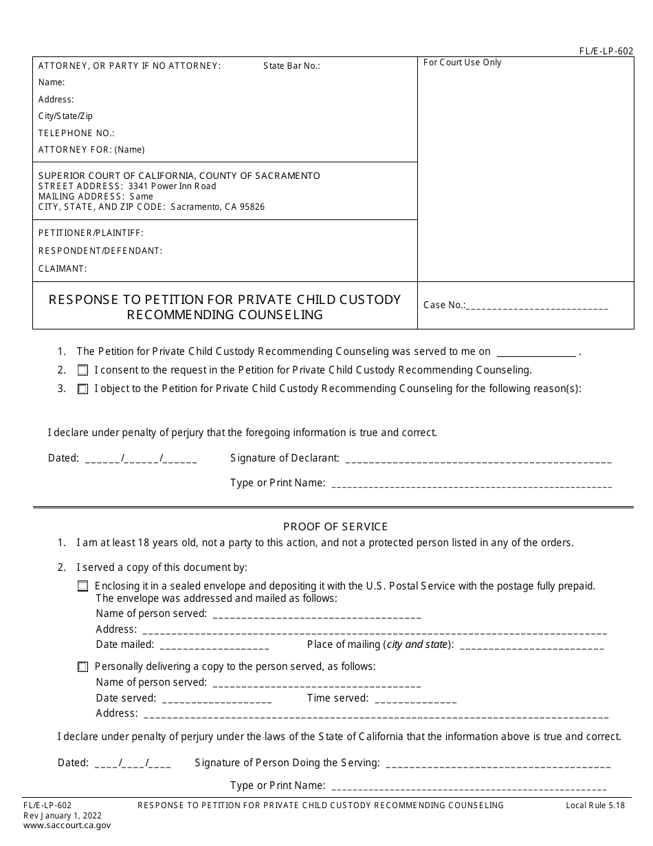 Form FL/E-LP-602 Response to Petition for Private Child Custody Recommending Counseling - County of Sacramento, California, Page 1