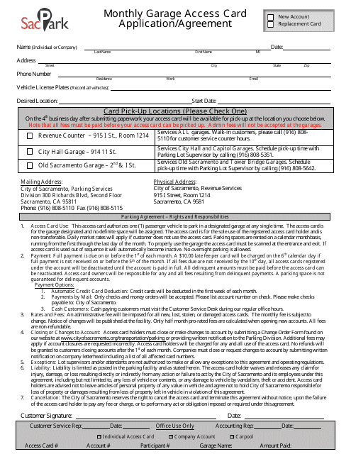 Monthly Garage Access Card Application / Agreement - City of Sacramento, California Download Pdf