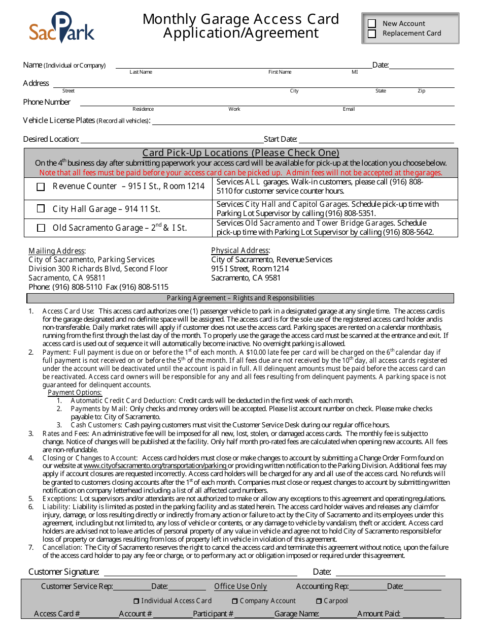 Monthly Garage Access Card Application / Agreement - City of Sacramento, California, Page 1