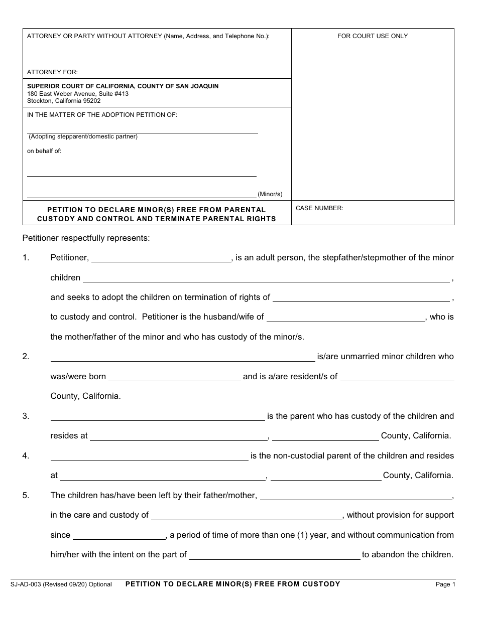Form SJ-AD-003 Petition to Declare Minor(S) Free From Parental Custody and Control and Terminate Parental Rights - County of San Joaquin, California, Page 1
