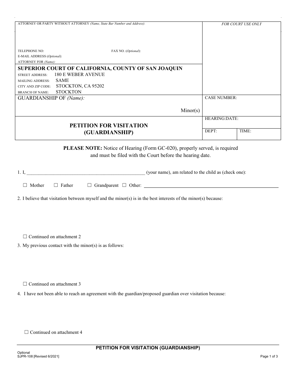 Form SJPR-108 Petition for Visitation (Guardianship) - County of San Joaquin, California, Page 1
