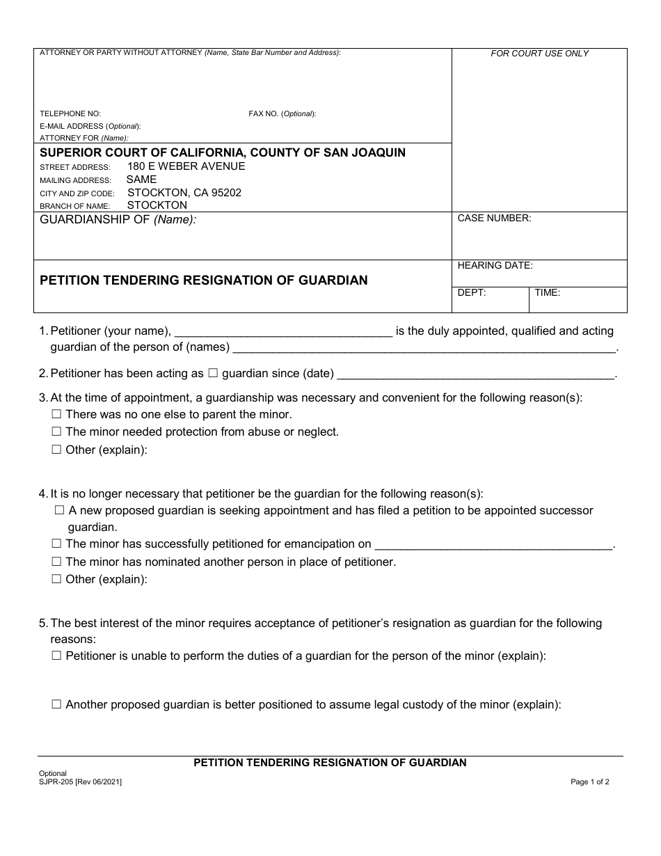 Form SJPR-205 Petition Tendering Resignation of Guardian - County of San Joaquin, California, Page 1