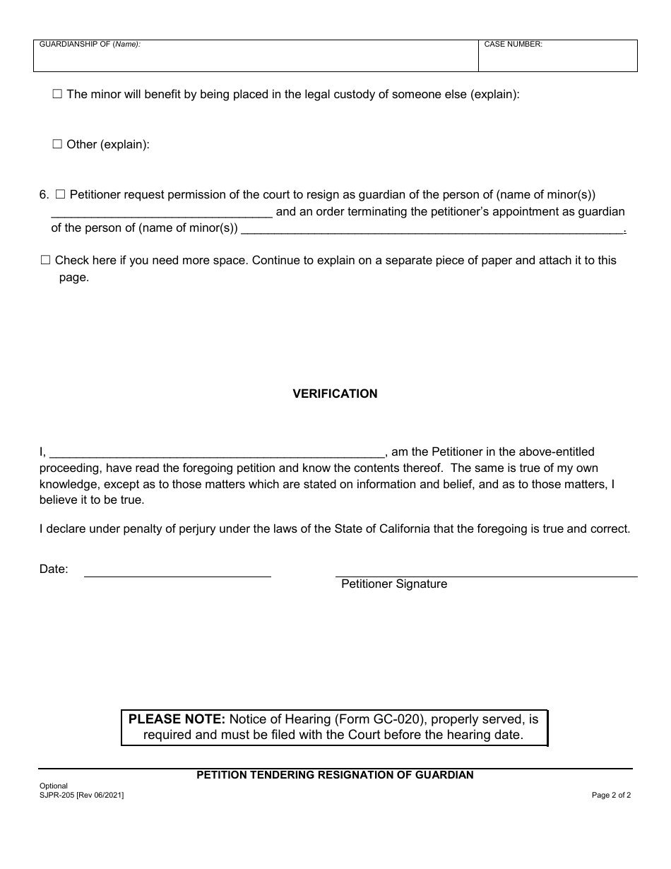Form SJPR-205 Petition Tendering Resignation of Guardian - County of San Joaquin, California, Page 2
