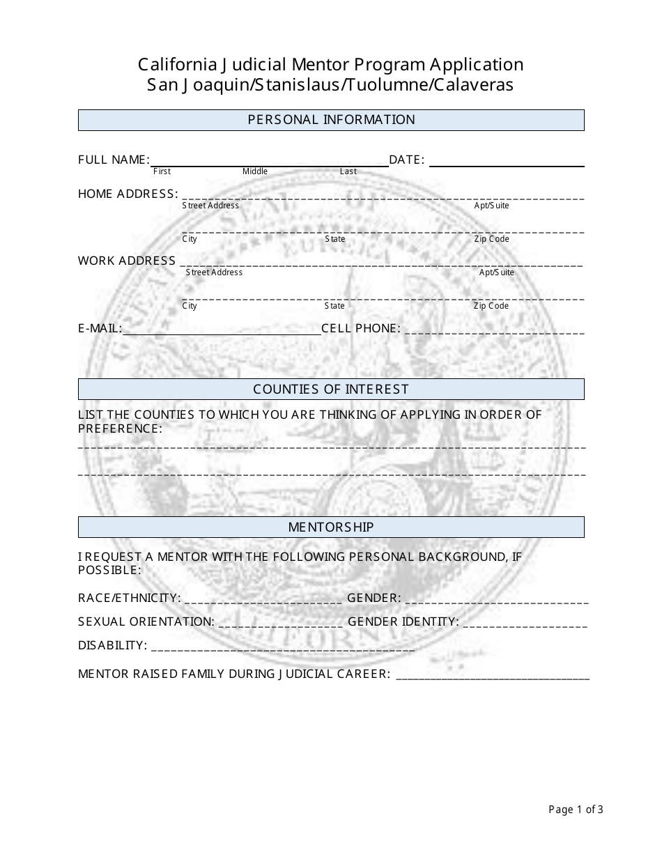 California Judicial Mentor Program Application - San Joaquin / Stanislaus / Tuolumne / Calaveras - County of San Joaquin, California, Page 1