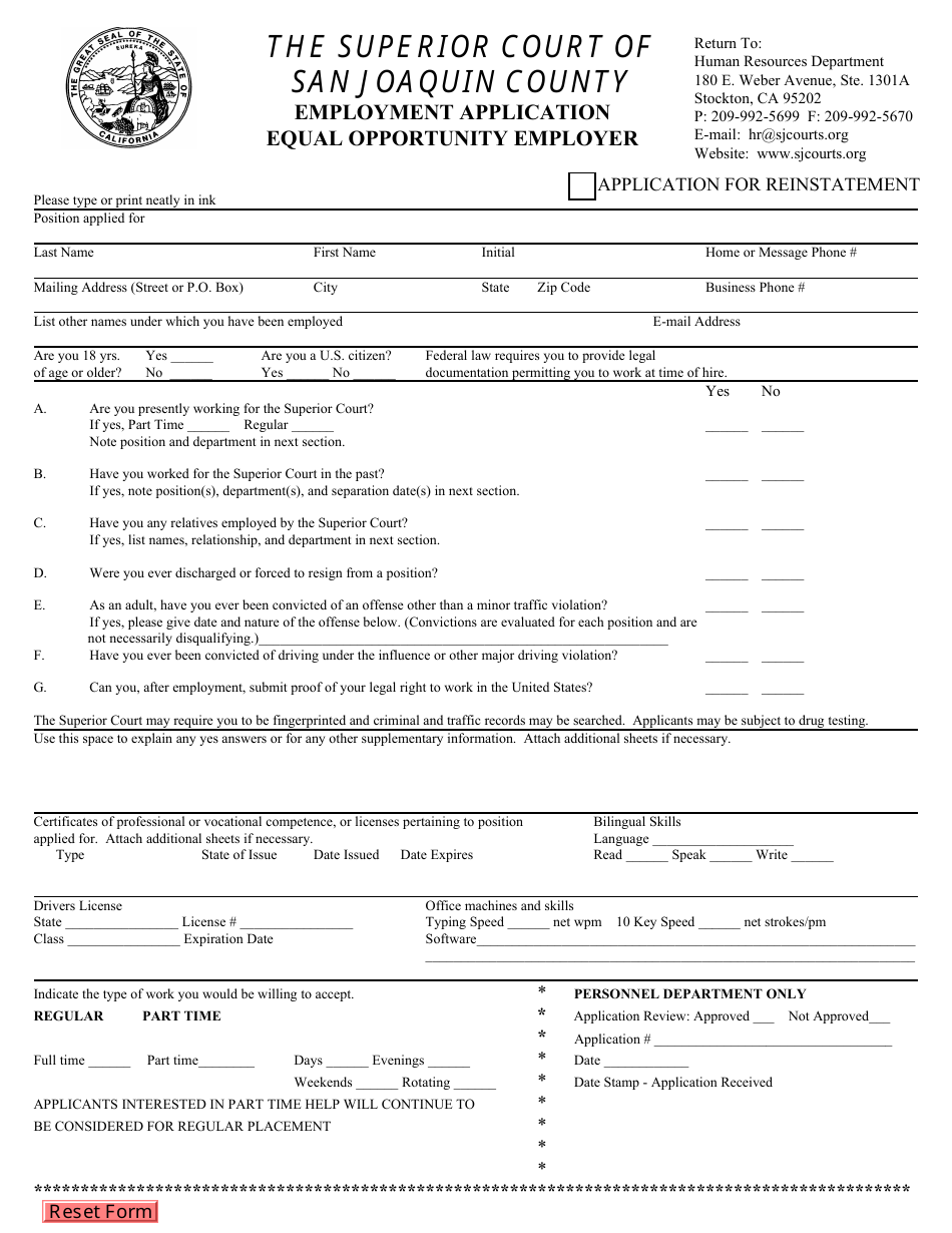 County of San Joaquin, California Employment Application Equal ...