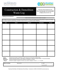 Document preview: Construction & Demolition Waste Log - City of Sacramento, California