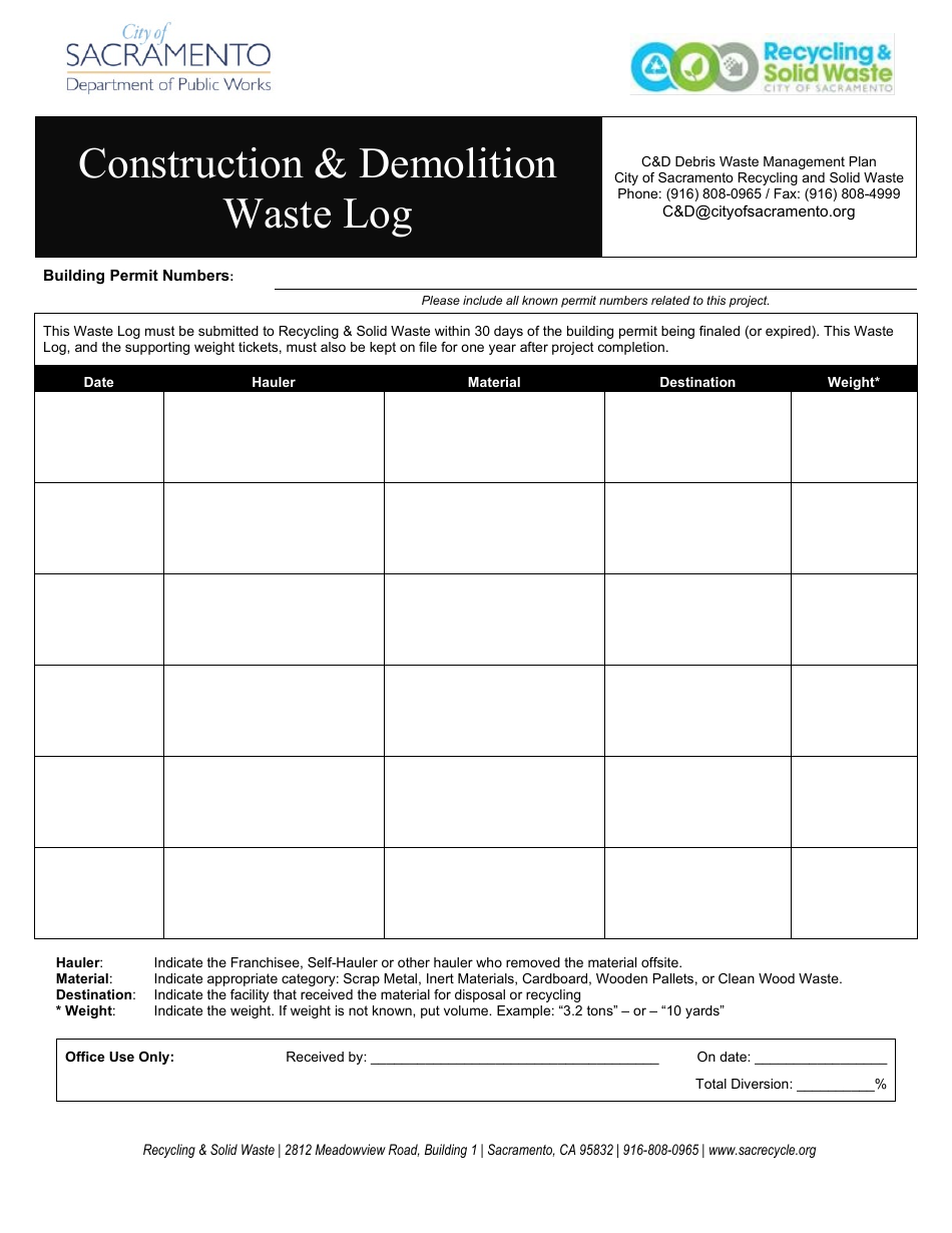 Construction  Demolition Waste Log - City of Sacramento, California, Page 1
