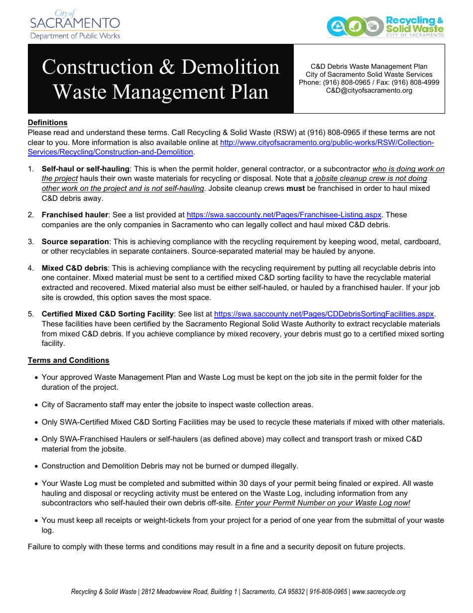 City Of Sacramento California Construction Demolition Waste