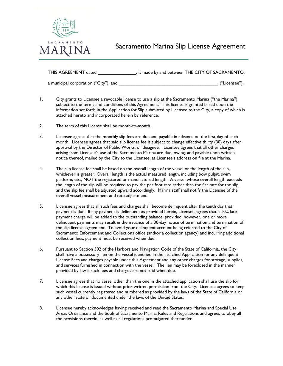 Sacramento Marina Slip License Agreement - City of Sacramento, California, Page 1