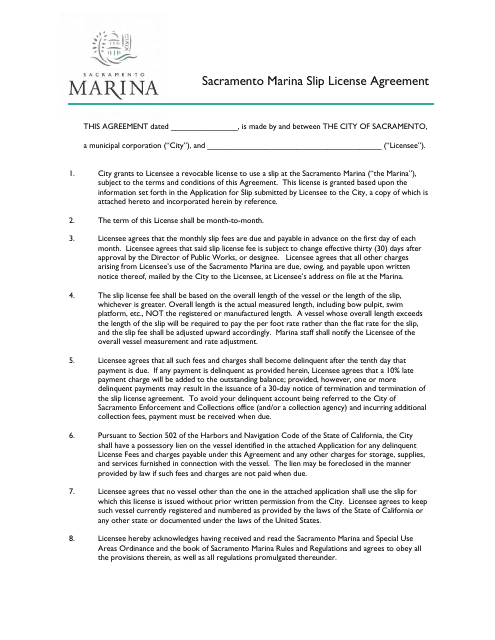 Sacramento Marina Slip License Agreement - City of Sacramento, California