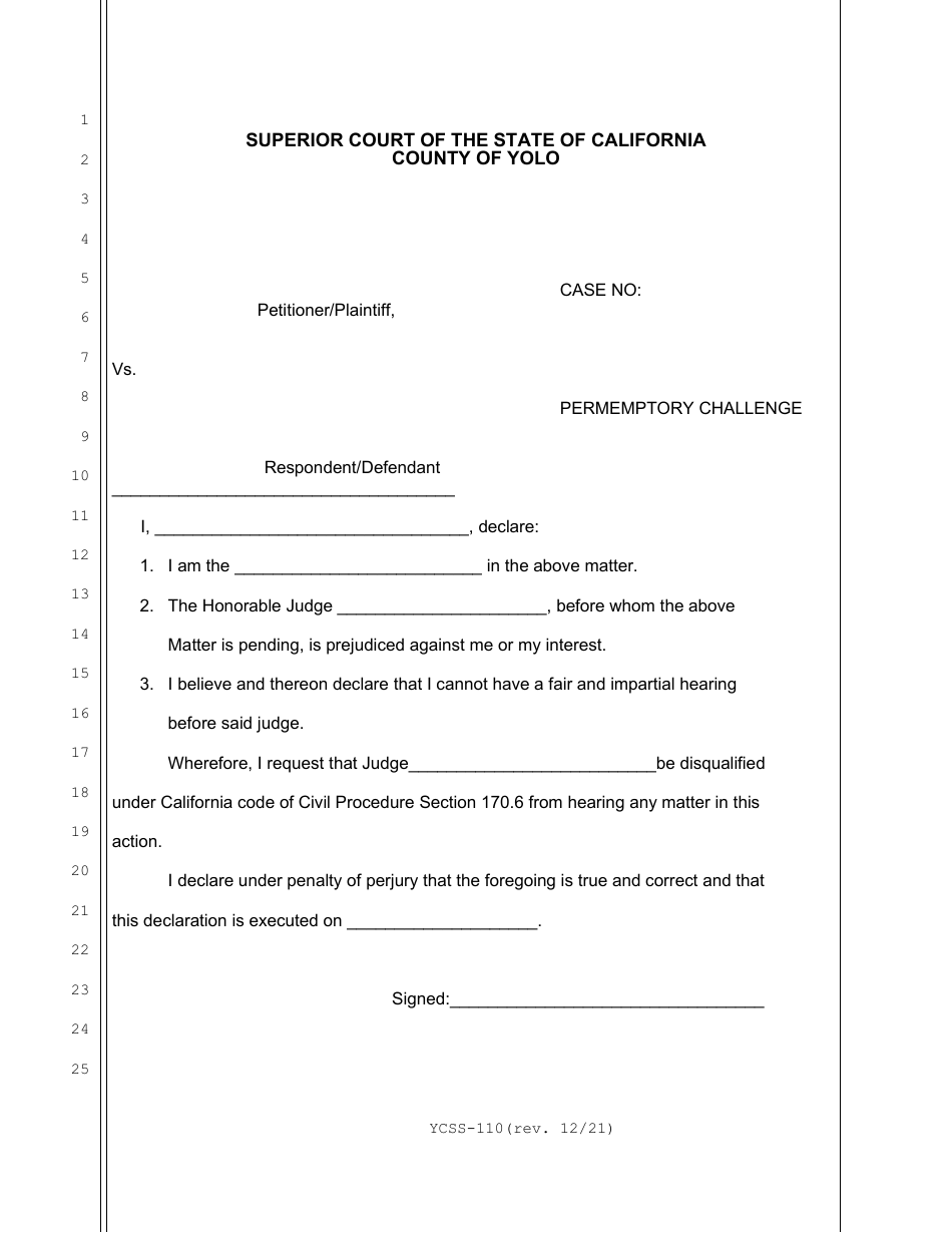Form YCSS-110 Permemptory Challenge - County of Yolo, California, Page 1