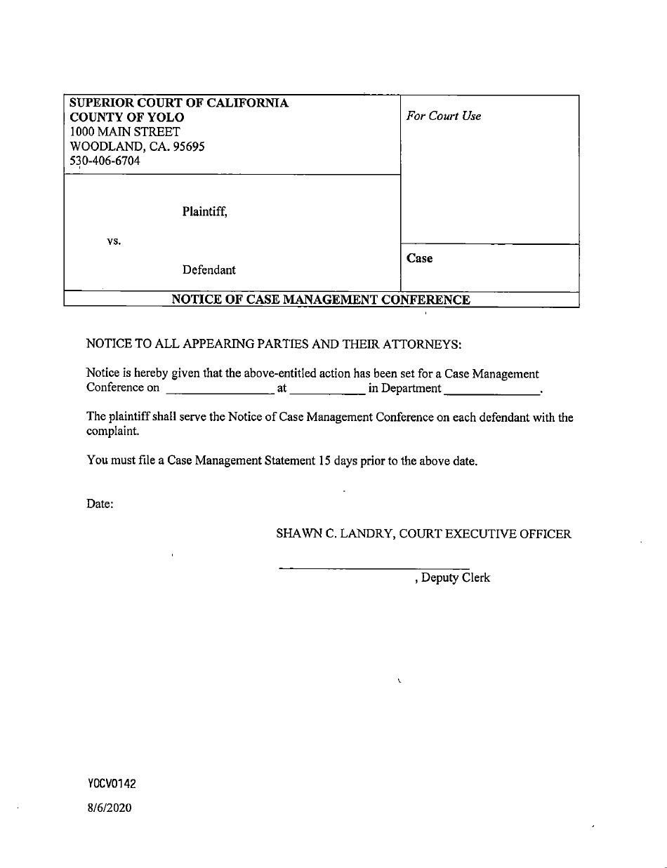 Form YOCV0142 Notice of Case Management Conference - County of Yolo, California, Page 1