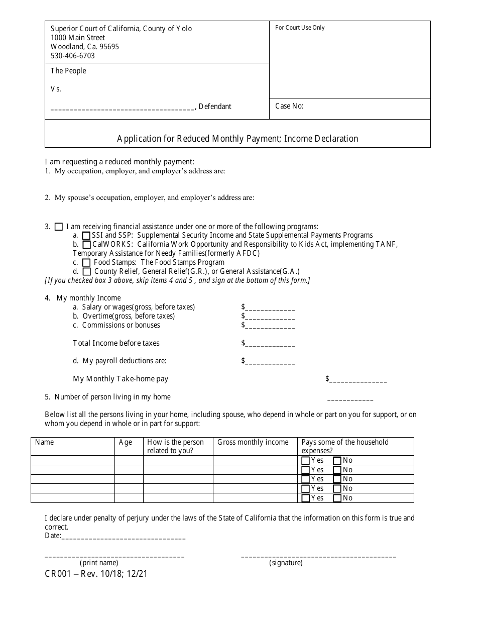 Form CR001 Application for Reduced Monthly Payment; Income Declaration - County of Yolo, California, Page 1