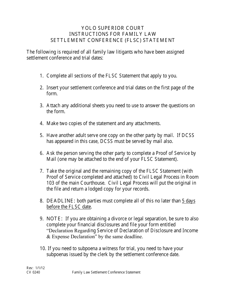 Form CV0240 Family Law Settlement Conference Statement - County of Yolo, California, Page 1
