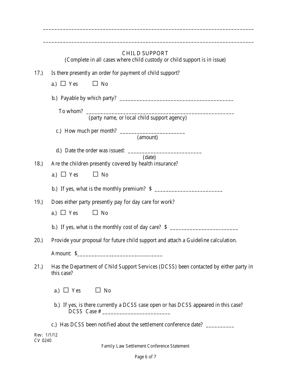 Form CV0240 Family Law Settlement Conference Statement - County of Yolo, California, Page 7