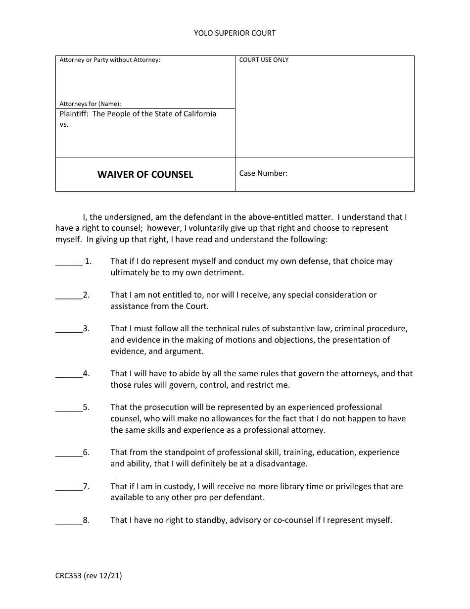 Form CRC353 Waiver of Counsel - Yolo County, California, Page 1