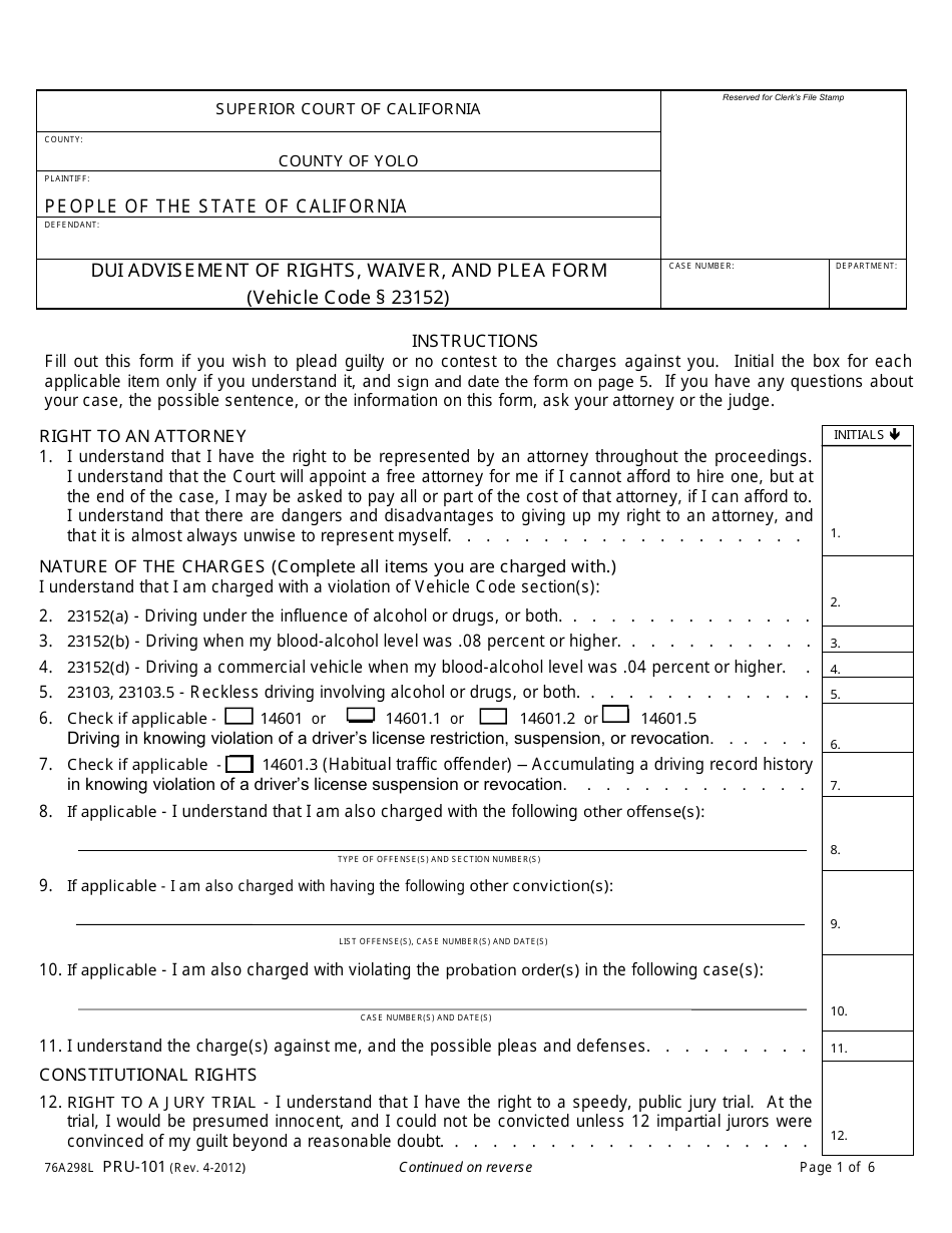 Form PRU-101 Dui Advisement of Rights, Waiver, and Plea Form - County of Yolo, California, Page 1