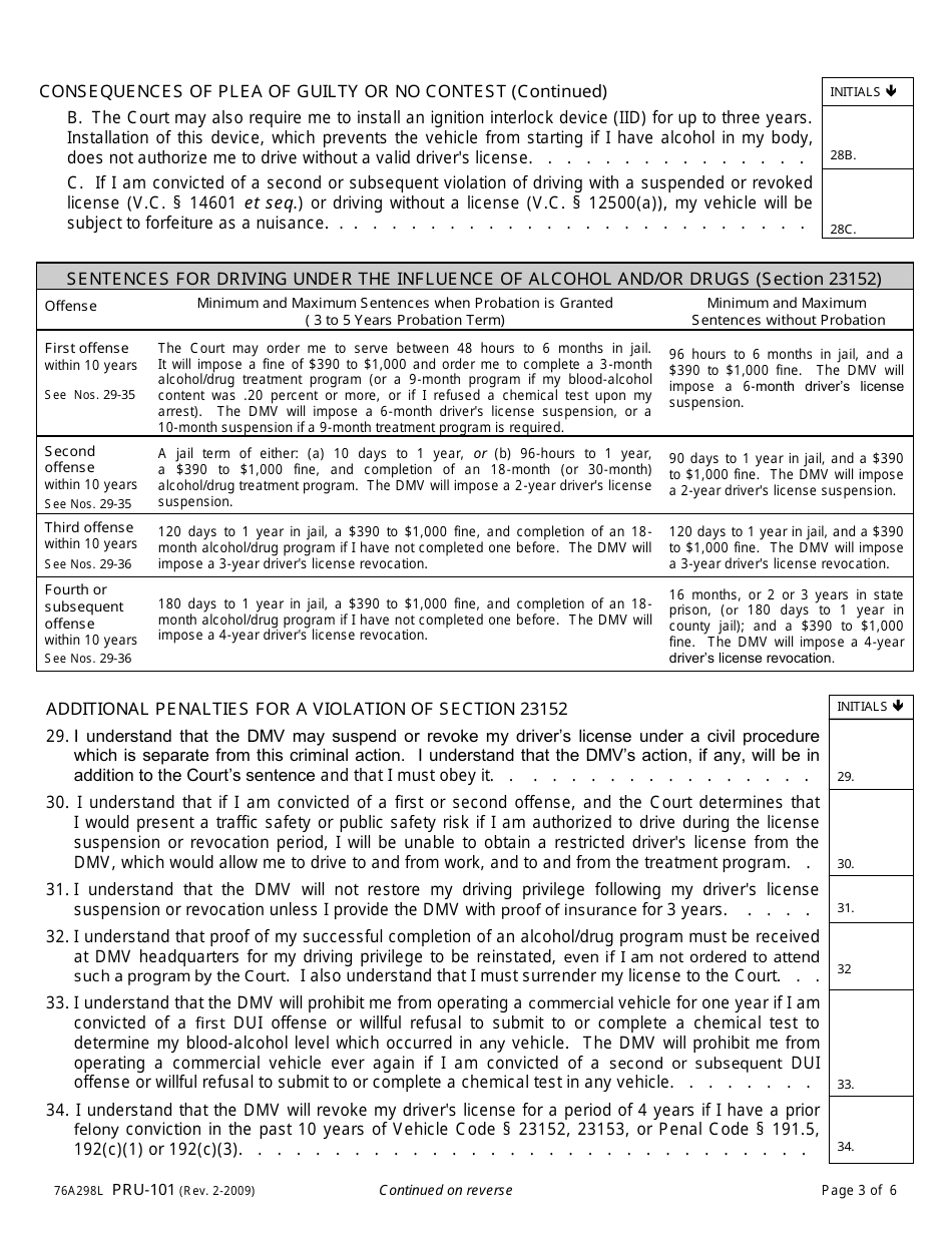 Form PRU-101 Dui Advisement of Rights, Waiver, and Plea Form - County of Yolo, California, Page 3