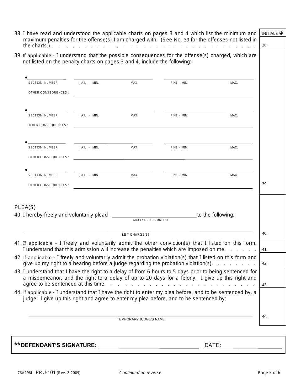 Form PRU-101 Dui Advisement of Rights, Waiver, and Plea Form - County of Yolo, California, Page 5