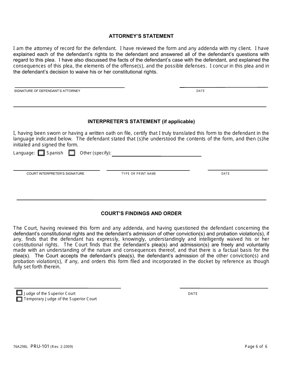 Form PRU-101 Dui Advisement of Rights, Waiver, and Plea Form - County of Yolo, California, Page 6