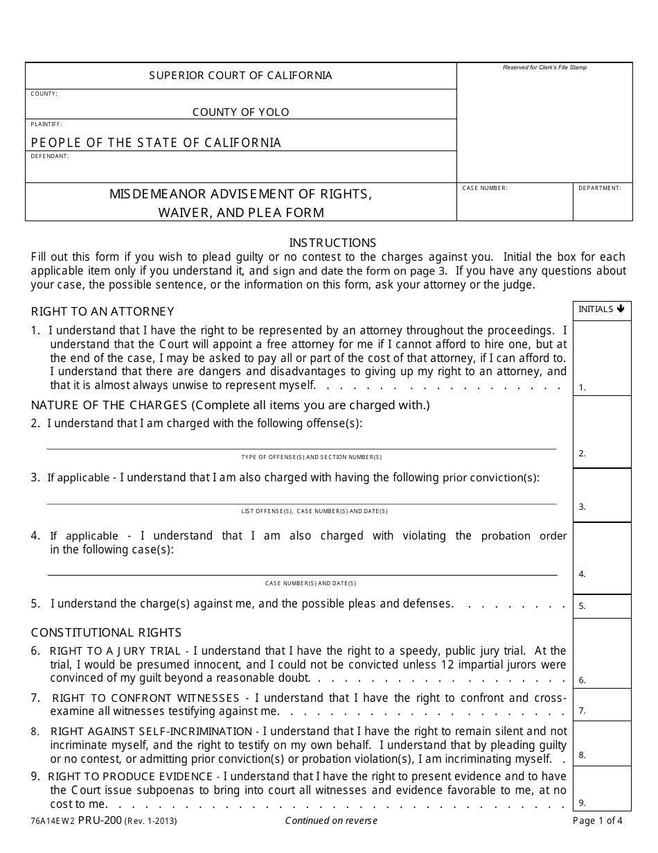 Form PRU-200 Misdemeanor Advisement of Rights, Waiver, and Plea Form - County of Yolo, California, Page 1