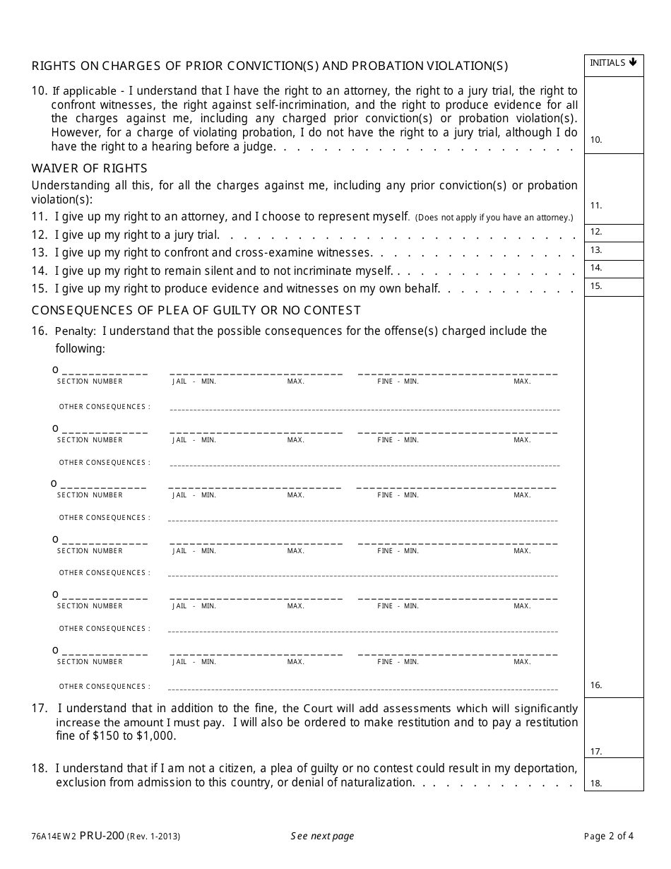 Form PRU-200 Misdemeanor Advisement of Rights, Waiver, and Plea Form - County of Yolo, California, Page 2