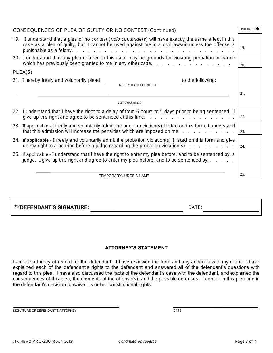 Form PRU-200 Misdemeanor Advisement of Rights, Waiver, and Plea Form - County of Yolo, California, Page 3
